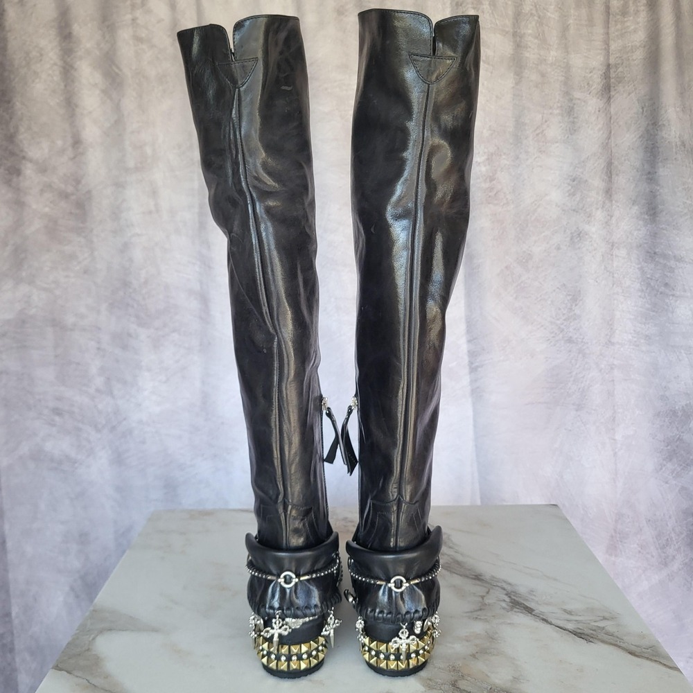 El Vaquero Tatiana Boots Womens Size 6.5 Black Leather Studded Over The Knee - Picture 6 of 16
